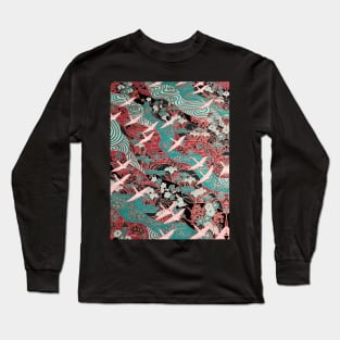 FLYING WHITE CRANES ON BLUE WATERS AND SPRING FLOWERS Antique Red Teal Green Japanese Floral Long Sleeve T-Shirt